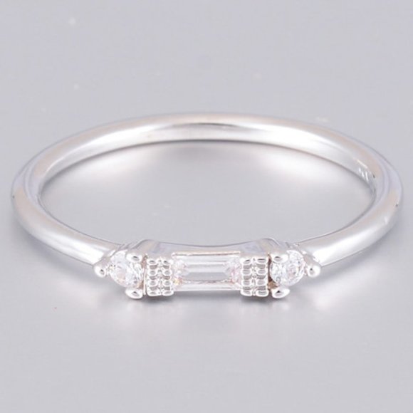 Silver White Chic Rectangle Round Gems Dainty Ring for Women, VIP179 - Picture 2 of 4